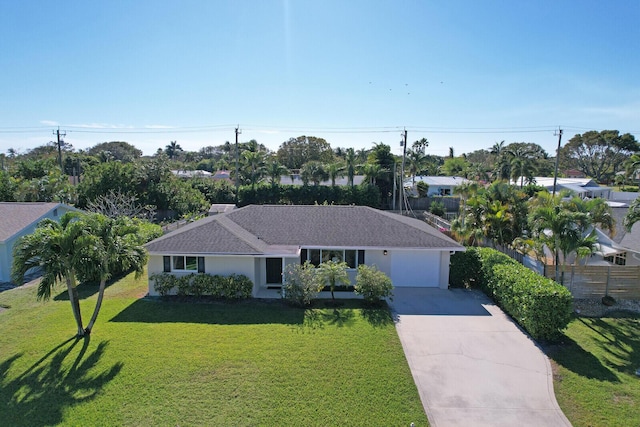 ranch-style home with concrete driveway, an attached garage, and stucco siding