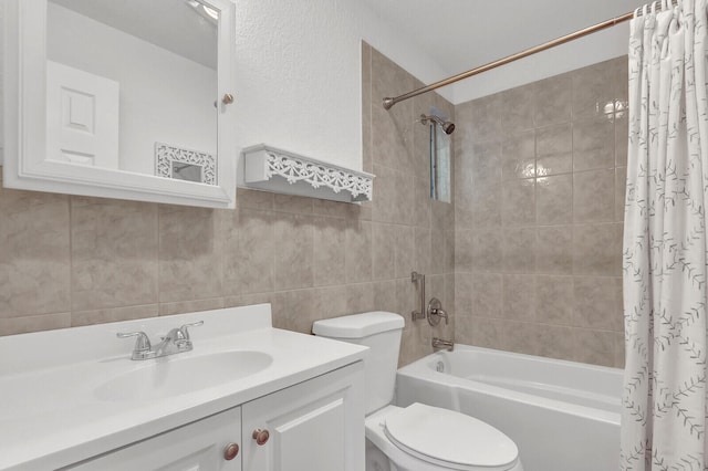 full bathroom with tile walls, shower / bath combination with curtain, toilet, vanity, and decorative backsplash