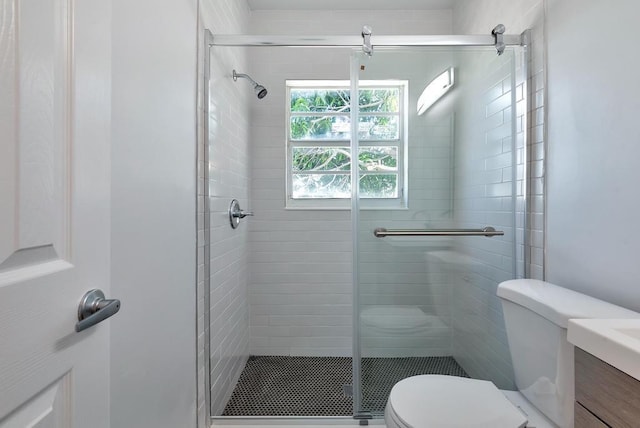 full bath featuring toilet, a shower stall, and vanity
