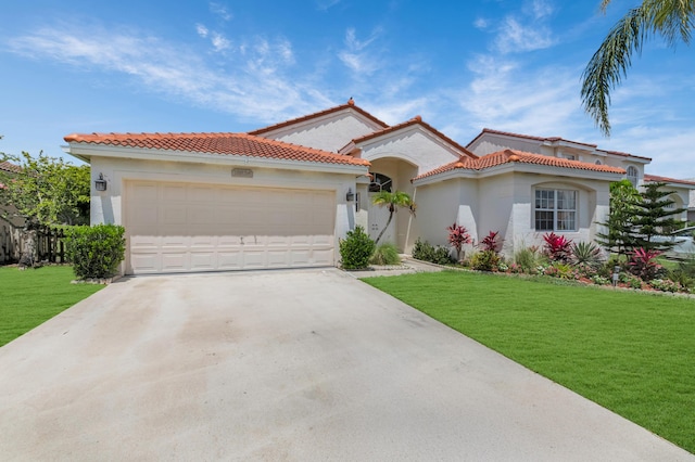 18834 Caspian Cir, Boca Raton, FL 33496 - mediterranean / spanish home featuring concrete driveway, a front lawn, a garage, stucco siding, and a tile roof