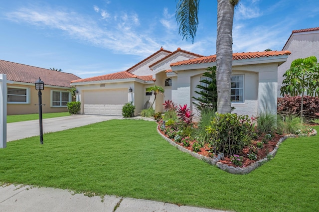 18834 Caspian Cir, Boca Raton, FL 33496 - mediterranean / spanish home with a garage, a tile roof, stucco siding, and concrete driveway