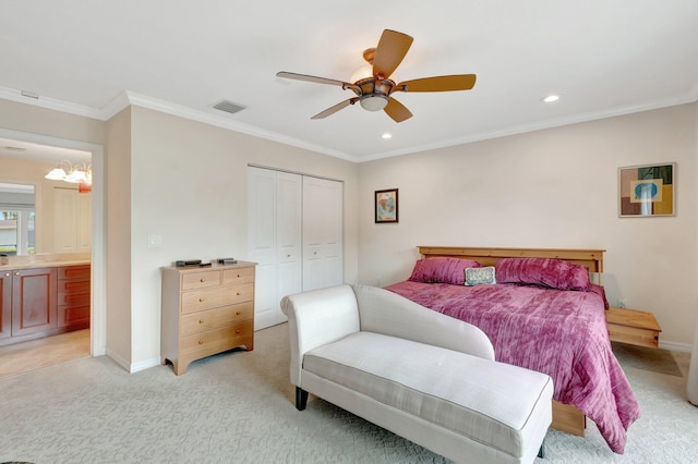 bedroom with light carpet, a chandelier, a closet, recessed lighting, and baseboards