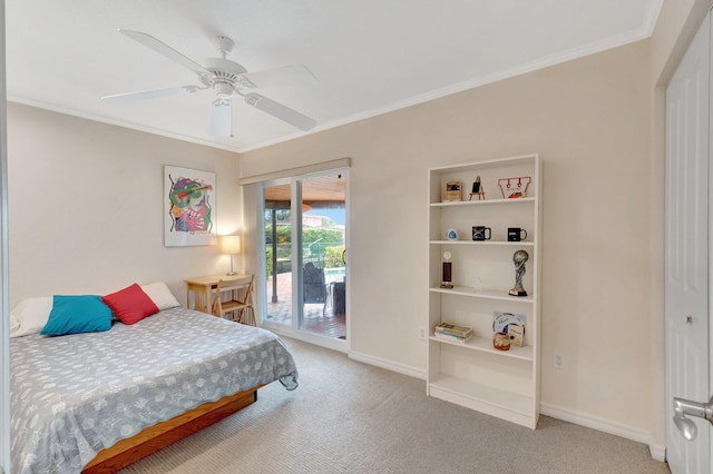 bedroom featuring access to exterior, light carpet, baseboards, ornamental molding, and a ceiling fan
