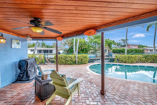 view of pool featuring a fenced backyard, grilling area, a patio area, and ceiling fan