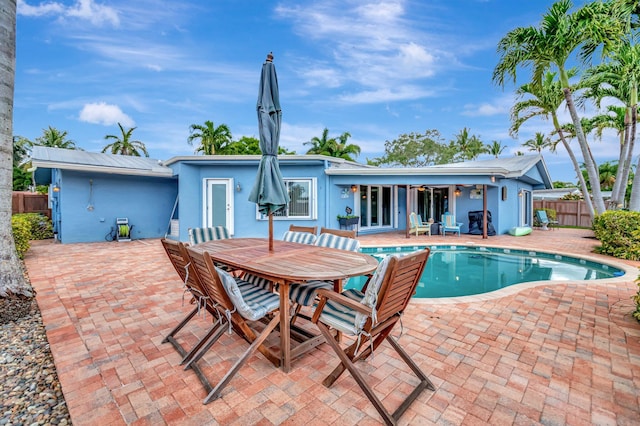 view of swimming pool featuring fence and a patio area