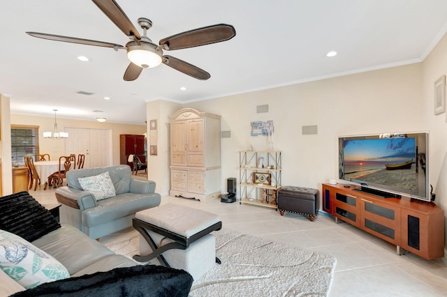 living room featuring a ceiling fan, crown molding, light tile patterned floors, a chandelier, and recessed lighting