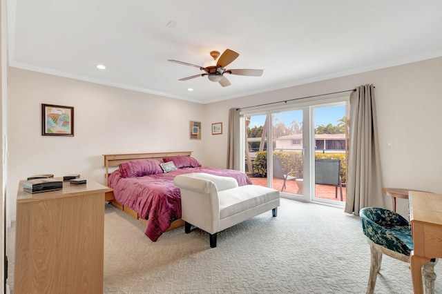 bedroom with light colored carpet, access to outside, crown molding, a ceiling fan, and recessed lighting