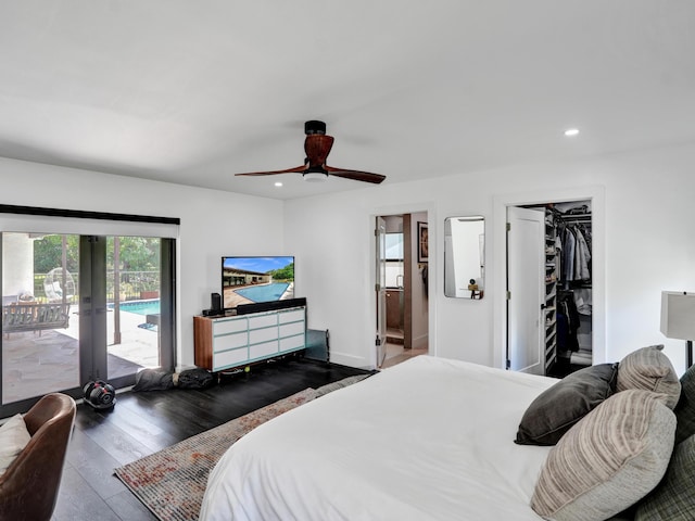 2708 NW 26th Cir, Boca Raton, FL 33431 - bedroom featuring access to exterior, wood finished floors, recessed lighting, a ceiling fan, and connected bathroom