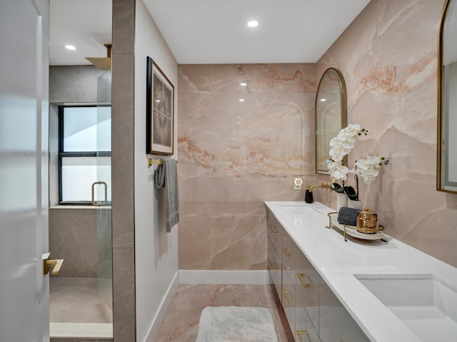 2708 NW 26th Cir, Boca Raton, FL 33431 - full bath featuring a stall shower, marble tiled flooring, recessed lighting, and double vanity