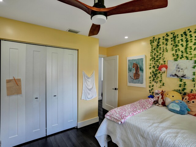 2708 NW 26th Cir, Boca Raton, FL 33431 - bedroom with dark wood-type flooring, a closet, recessed lighting, ceiling fan, and baseboards