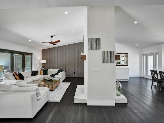 2708 NW 26th Cir, Boca Raton, FL 33431 - living area featuring recessed lighting, dark wood finished floors, a ceiling fan, baseboards, and vaulted ceiling