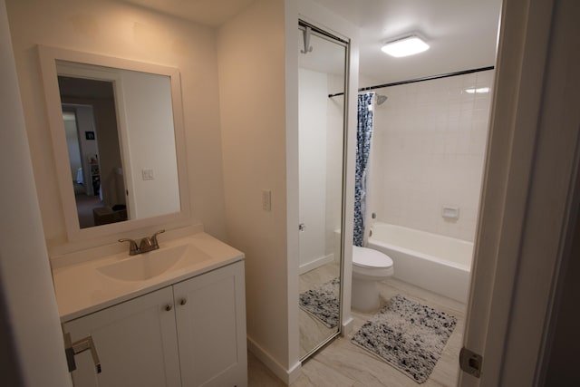 bathroom with toilet, shower / tub combo, baseboards, marble finish floor, and vanity