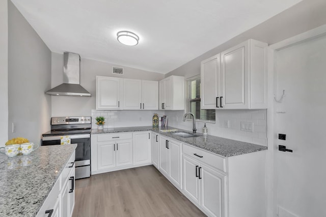 kitchen featuring wall chimney range hood, stainless steel range with electric cooktop, a sink, white cabinetry, and backsplash
