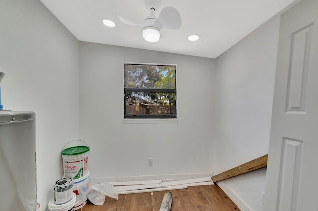 unfurnished room featuring wood finished floors, ceiling fan, and recessed lighting