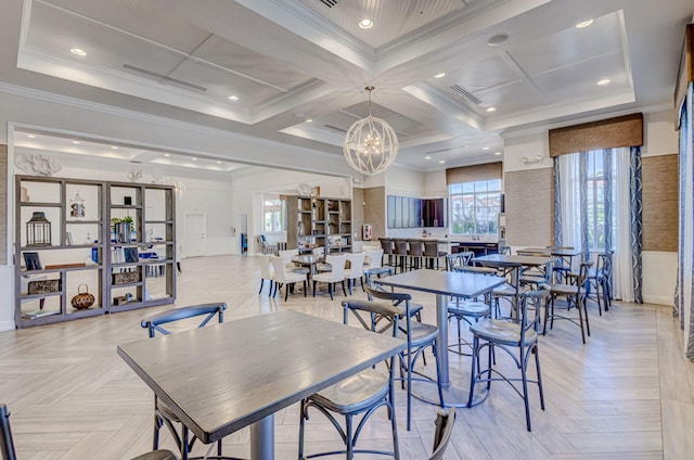 4006 Sequoia Pl W, Riviera Beach, FL 33410 - dining room featuring coffered ceiling, a chandelier, ornamental molding, beamed ceiling, and recessed lighting