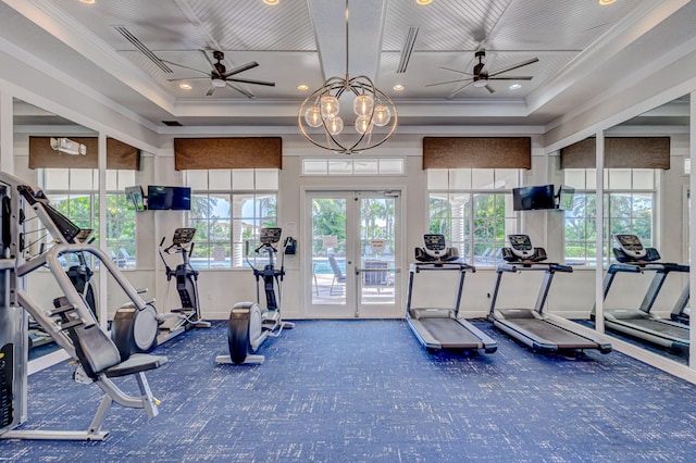 4006 Sequoia Pl W, Riviera Beach, FL 33410 - workout area with ceiling fan, carpet flooring, crown molding, recessed lighting, and french doors