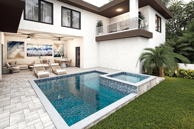 301 NE 7th Ave, Delray Beach, FL 33483 - view of pool with an outdoor hangout area, a ceiling fan, a patio area, a pool with connected hot tub, and a lawn