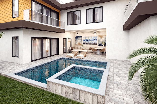 301 NE 7th Ave, Delray Beach, FL 33483 - view of swimming pool with outdoor lounge area, a patio area, a ceiling fan, and a pool with connected hot tub