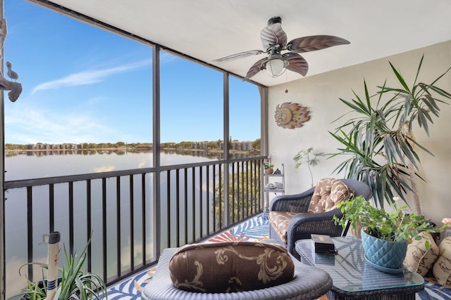 113 Lake Emerald Dr Unit 409, Oakland Park, FL 33309 - sunroom / solarium featuring a ceiling fan and a water view