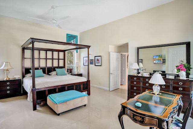 19262 Redberry Ct, Boca Raton, FL 33498 - bedroom featuring light tile patterned floors, baseboards, a ceiling fan, and high vaulted ceiling