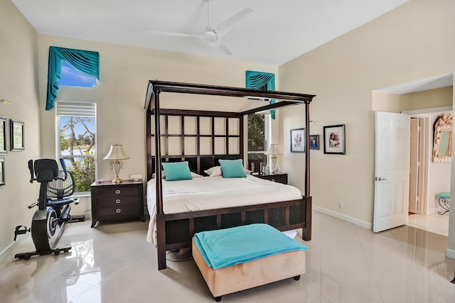 19262 Redberry Ct, Boca Raton, FL 33498 - tiled bedroom with baseboards, high vaulted ceiling, and ceiling fan