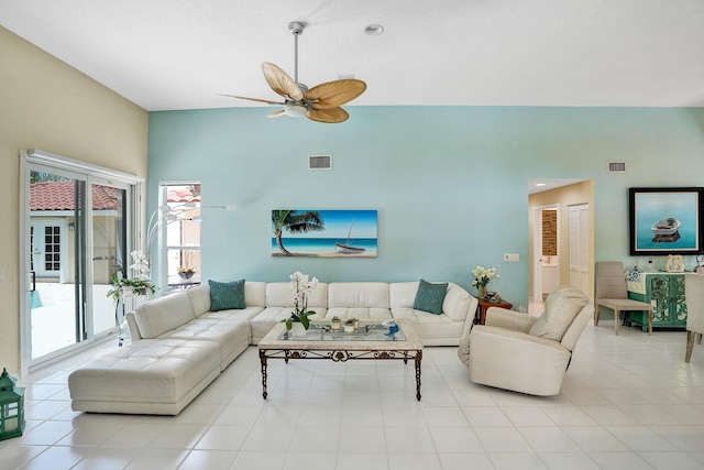 19262 Redberry Ct, Boca Raton, FL 33498 - living room featuring ceiling fan, tile patterned flooring, and high vaulted ceiling