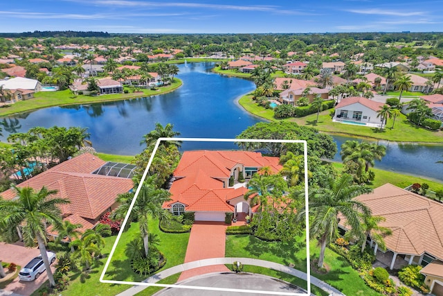 19262 Redberry Ct, Boca Raton, FL 33498 - aerial perspective of suburban area with property parcel outlined and a nearby body of water