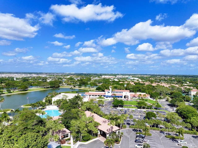 aerial view of a large body of water and a pool