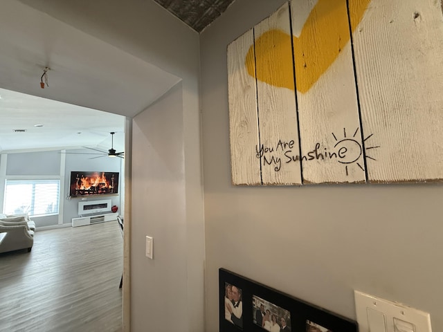 detailed view of ceiling fan, wood finished floors, and baseboards