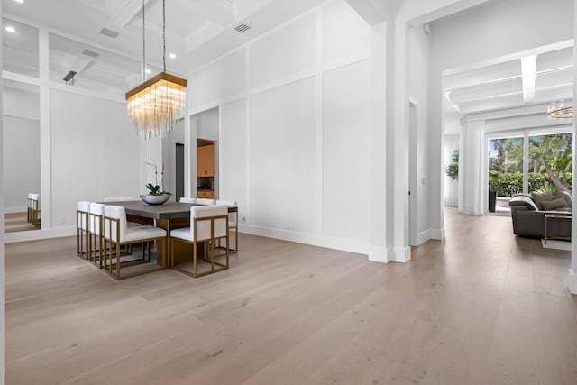 5351 N Sterling Ranch Cir, Davie, FL 33314 - dining space with a chandelier, coffered ceiling, beam ceiling, baseboards, and light wood finished floors