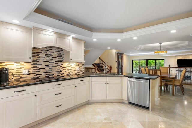 4401 N Ocean Blvd Unit 12, Boca Raton, FL 33431 - kitchen featuring dishwasher, a tray ceiling, crown molding, backsplash, and recessed lighting