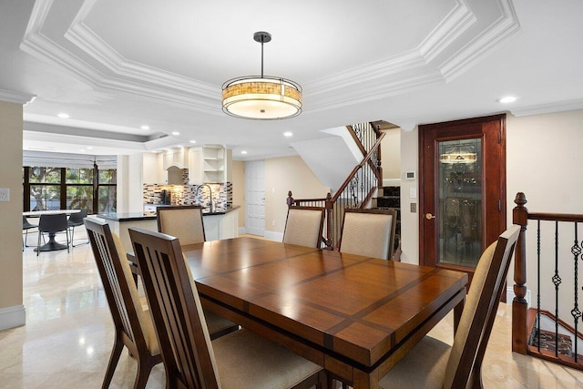 4401 N Ocean Blvd Unit 12, Boca Raton, FL 33431 - dining area featuring a tray ceiling, ornamental molding, stairway, and recessed lighting