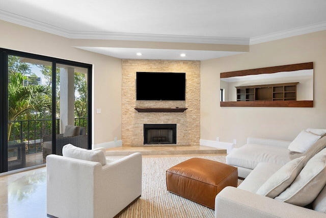 4401 N Ocean Blvd Unit 12, Boca Raton, FL 33431 - living area featuring crown molding, a stone fireplace, recessed lighting, and baseboards