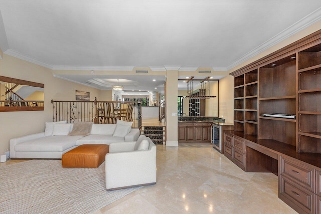 4401 N Ocean Blvd Unit 12, Boca Raton, FL 33431 - living area with beverage cooler, crown molding, stairway, ornate columns, and light marble finish floors