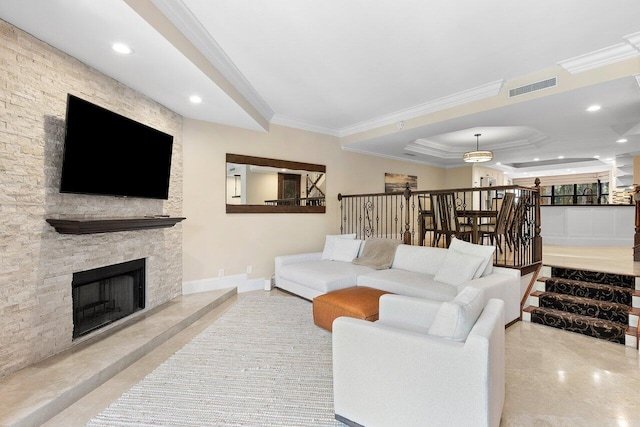 4401 N Ocean Blvd Unit 12, Boca Raton, FL 33431 - living room with ornamental molding, a fireplace, a raised ceiling, recessed lighting, and stairway