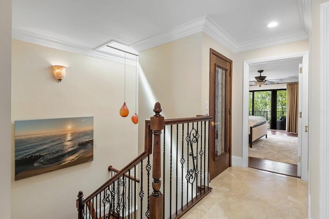 4401 N Ocean Blvd Unit 12, Boca Raton, FL 33431 - hallway with an upstairs landing, ornamental molding, and recessed lighting