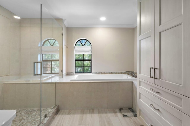 4401 N Ocean Blvd Unit 12, Boca Raton, FL 33431 - full bath featuring a garden tub, a shower stall, and ornamental molding