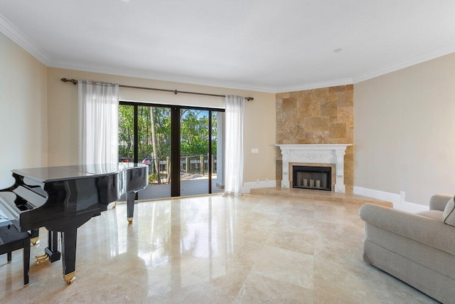 4401 N Ocean Blvd Unit 12, Boca Raton, FL 33431 - living room with crown molding, a fireplace with raised hearth, and baseboards