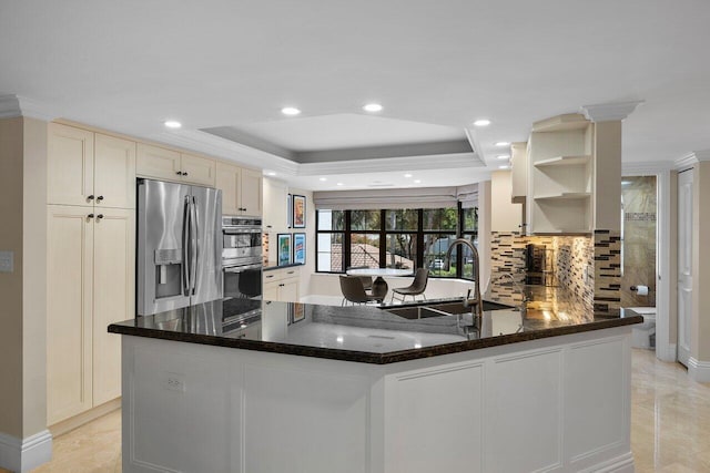 4401 N Ocean Blvd Unit 12, Boca Raton, FL 33431 - kitchen with appliances with stainless steel finishes, open shelves, a sink, a raised ceiling, and tasteful backsplash