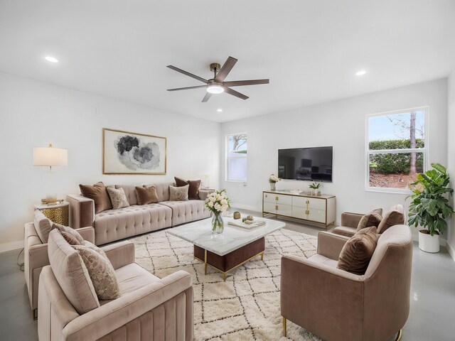 7285 Via Luria, Lake Worth, FL 33467 - living room featuring ceiling fan, baseboards, and recessed lighting