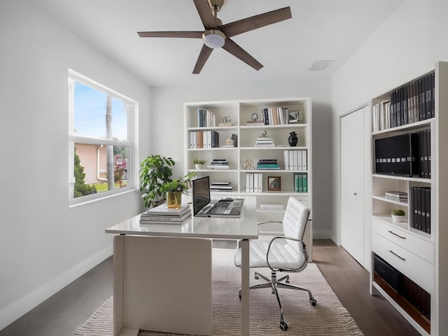 7285 Via Luria, Lake Worth, FL 33467 - office area with visible vents, baseboards, ceiling fan, and dark wood-style floors