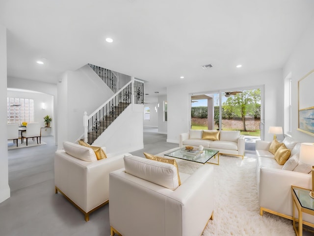7285 Via Luria, Lake Worth, FL 33467 - living room featuring recessed lighting, visible vents, and stairs