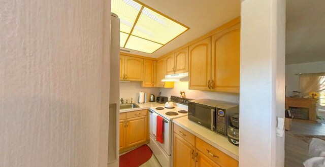 kitchen featuring a sink, under cabinet range hood, black microwave, light countertops, and white range with electric stovetop