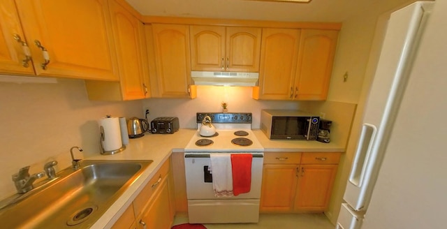 kitchen featuring light brown cabinets, under cabinet range hood, white appliances, a sink, and light countertops