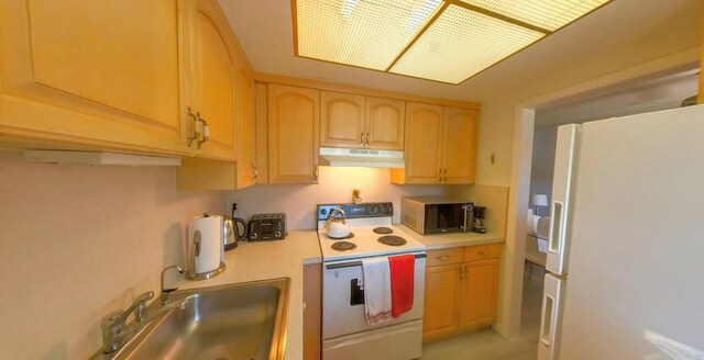 kitchen featuring light brown cabinetry, under cabinet range hood, white appliances, a sink, and light countertops