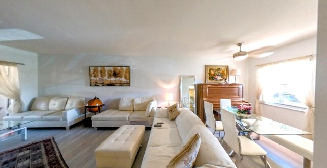 living room featuring wood finished floors and ceiling fan