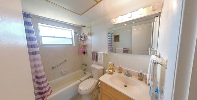 full bath with toilet, shower / tub combo, and vanity