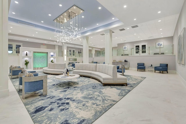 6235 Kings Gate Cir Unit C, Delray Beach, FL 33484 - living area with a chandelier, recessed lighting, and a raised ceiling