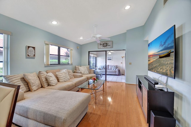 6235 Kings Gate Cir Unit C, Delray Beach, FL 33484 - living area with a ceiling fan, vaulted ceiling, light wood-style flooring, and recessed lighting