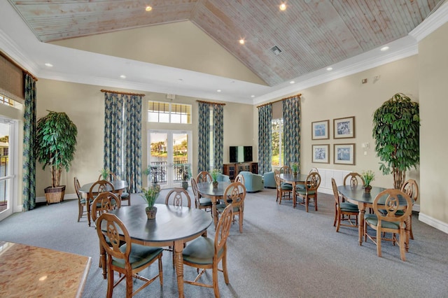 1500 Mariner Bay Blvd Unit 1500, Fort Pierce, FL 34949 - dining area with high vaulted ceiling, carpet, baseboards, recessed lighting, and wood ceiling